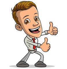 Cartoon brunette standing funny smiling boy character showing two thumbs up, like gesture or sign with red tie. Isolated on white background. Vector icon.