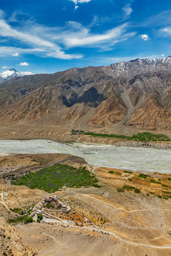 Aerial view of Spiti valley and Key gompa in Himalayas