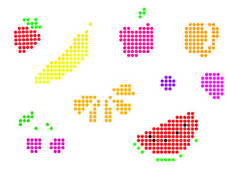 Fruits in Ben-Day Dots style. Simple abstract shapes of different fruits.