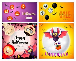 Halloween sale pink, orange banner set with bat, monsters