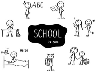 Set of stick men. School topic - reading book, writing ABC on the chalkboard, playing, waking up and going school. Funny hand drawn characters. Simple doodle style. 