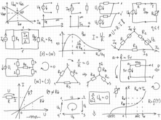Set of vector mathematical formulas and solutions to problems and equations.  Homework of a student. Vector image of algebra and electrical engineering tasks. 