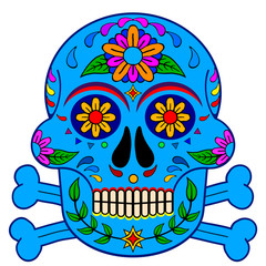 Day of The Dead, skull with floral ornament, light sky blue, dark aqua, navy, red, pink, green, orange colors, white background