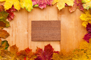 Naklejka na ściany i meble Top view of colorful autumn leaves arranged in beautiful frame. Wooden background and card with copy space.
