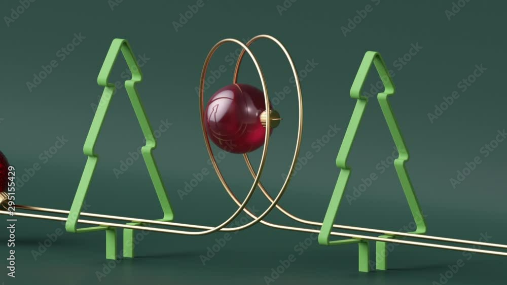 Poster christmas red balls rolling, twisted road isolated on green background. fir tree simple shapes. mini