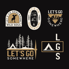 Vintage camp logos, mountain badges set. Hand drawn labels designs. Travel expedition, wanderlust and hiking. Lets Go Somwhere outdoor emblems. Logotypes collection. Stock vector