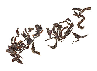 Fototapeta premium Dry tea leaves isolated on white background, top view.