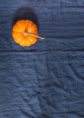 a pumpkin isolated on blue tablecloth