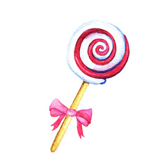 Christmas candy on wooden stick with pink bow. Striped peppermint lollipops isolated on white. Illustration for christmas, new years day, sweet-stuff, winter holiday, dessert, new years eve