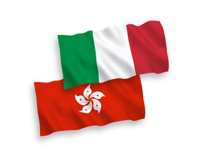 National vector fabric wave flags of Italy and Hong Kong isolated on white background. 1 to 2 proportion.