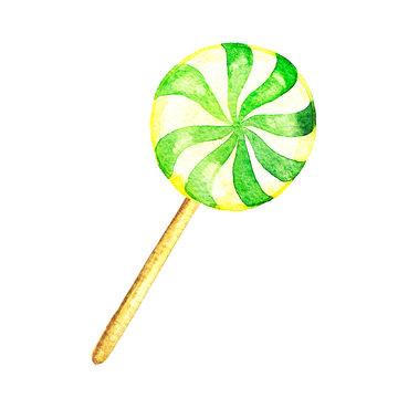 Christmas candy on wooden stick. Striped peppermint lollipops isolated on white. Illustration for christmas, new years day, sweet-stuff, winter holiday, dessert, new years eve