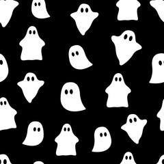 Vector seamless pattern of cute ghosts on a black background.