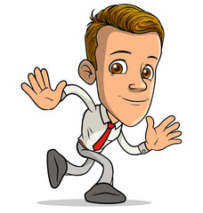 Cartoon brunette running funny smiling boy character showing hello gesture with red tie. Isolated on white background. Vector icon.