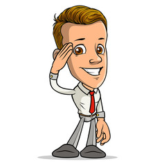 Cartoon brunette standing funny smiling boy showing army greeting with red tie. Isolated on white background. Vector icon.
