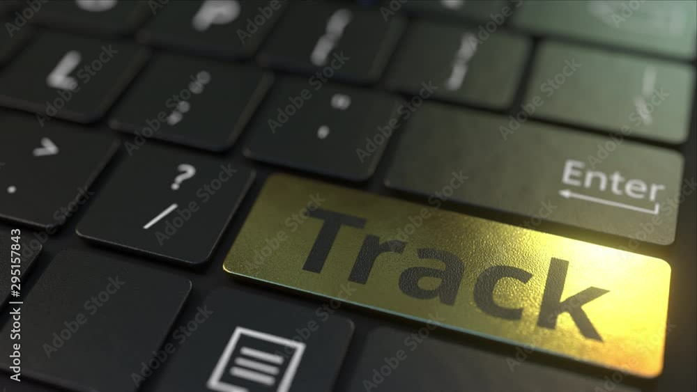 Poster black computer keyboard and gold track key. conceptual 3d animation