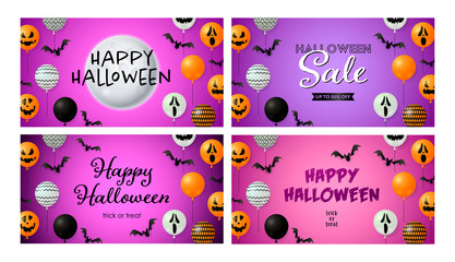 Happy Halloween pink, violet banner set with balloons and bats. Halloween, October, trick or treat. Lettering can be used for greeting cards, invitations, announcements