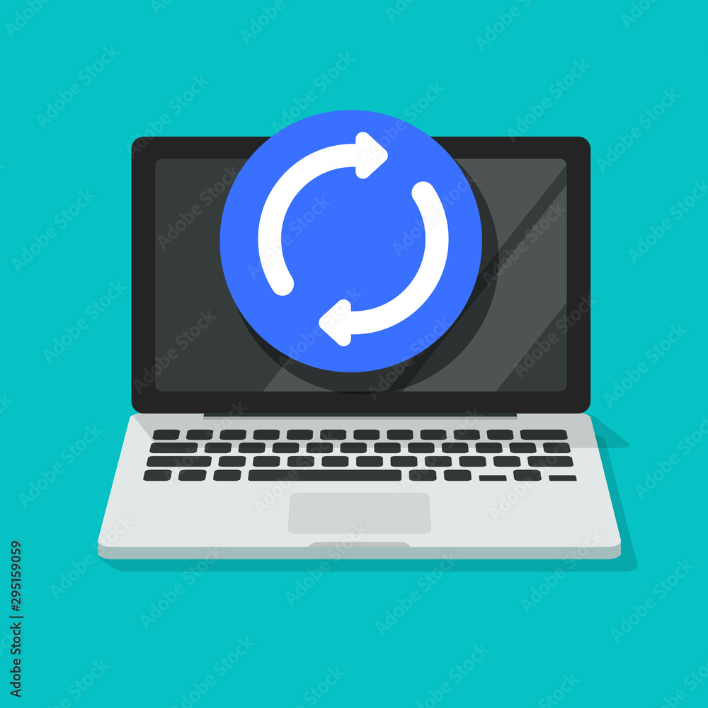 Poster computer updating or upgrading process vector icon, flat cartoon laptop pc and loading or synchroniz