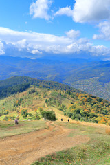 Landscape of a mountainous area covered with autumn forest, with a rural road.