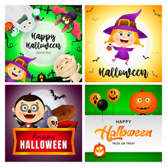 Happy Halloween green, violet banner set with vampire, witch. Halloween, October, trick or treat. Lettering can be used for greeting cards, invitations, announcements