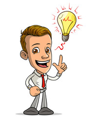 Cartoon brunette standing funny smiling boy character holding idea lightning yellow bulb with red shine. Isolated on white background. Vector icon.
