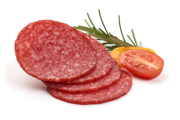 Salami sliced. Raw smoked sausage slices with herbs and spices, isolated on white background