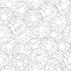 seamless pattern with a picture of sweet donuts in black and white, coloring antistress