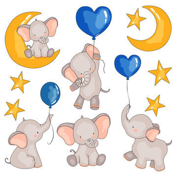 set of pictures of elephants, balloons, and an elephant for months
