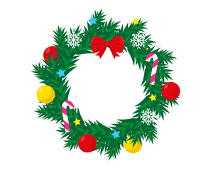 Decorated Christmas wreath isolated on white background. New Year and Christmas vector illustration.