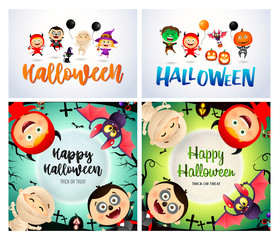 Halloween white, green banner set with monsters, pumpkins. Halloween, October, trick or treat. Lettering can be used for greeting cards, invitations, announcements