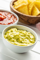 Sauces in bowl. Guacamole and tomato dip