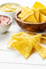 Corn nacho chips. Yellow tortilla chips