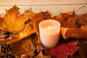 Paląca się świeczka na jesiennych liściach - obrazy, fototapety, plakaty