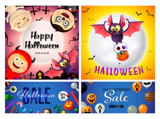 Halloween sale blue, pink banner set with monsters. Halloween, October, trick or treat. Lettering can be used for greeting cards, invitations, announcements