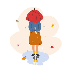 Vector illustration of female character holding an umbrella standing in a puddle. Hand drawn cartoon illustration, composition for greeting card, banner or print poster.