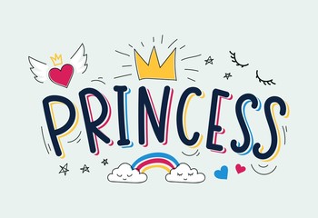 Pretty princess inspirational card quote banner vector illustration. Girly childhood room carefree design with rainbow, heart with wings and crown. Children birthday invitation card concept © mitoria