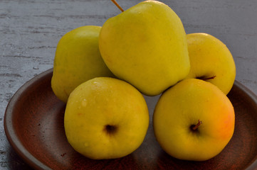 Fresh yellow apples. Wash apples in water.