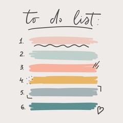 Multicolored to do list schedule template vector illustration. Different grunge brush strokes. Variety abstract paint stripes and distressed banners. Isolated on pastel tones - obrazy, fototapety, plakaty