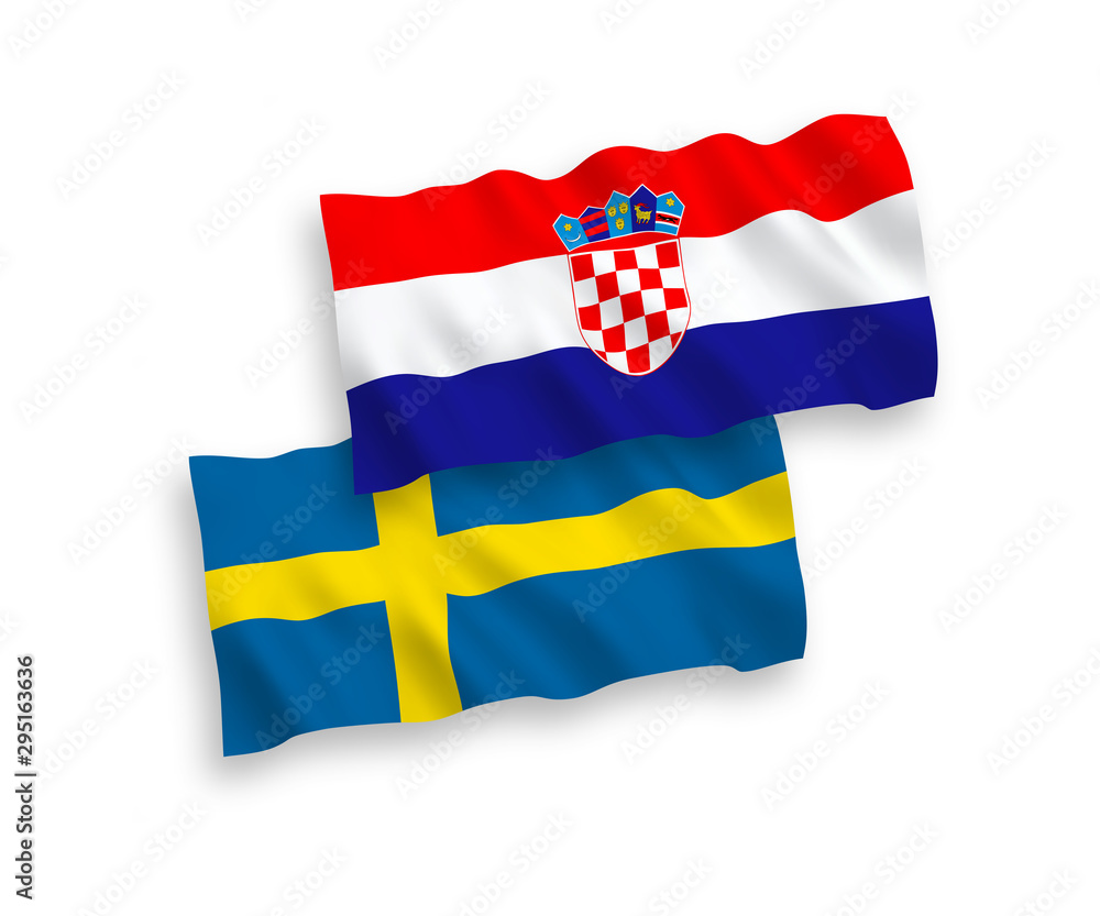 Wall mural National vector fabric wave flags of Sweden and Croatia isolated on white background. 1 to 2 proportion.