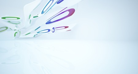 Abstract architectural white and glass gradient color smooth interior of a minimalist house with large windows.. 3D illustration and rendering.