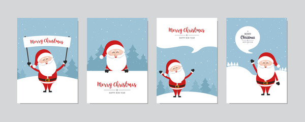 Fototapeta premium Christmas card set. Merry Christmas and Happy New Year greeting with cute santa claus lettering vector.