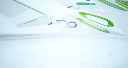 Abstract architectural white and glass gradient color smooth interior of a minimalist house with large windows.. 3D illustration and rendering.