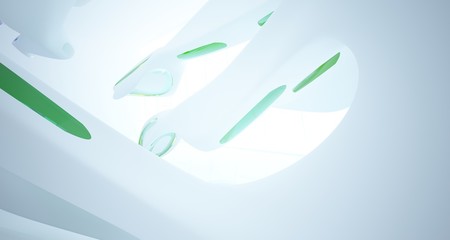 Abstract architectural white and glass gradient color smooth interior of a minimalist house with large windows.. 3D illustration and rendering.
