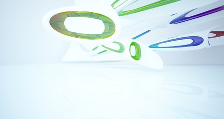 Abstract architectural white and glass gradient color smooth interior of a minimalist house with large windows.. 3D illustration and rendering.