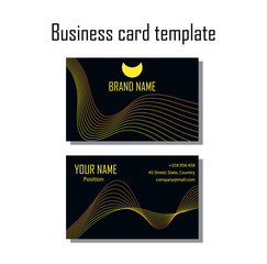 Template of modern business card. Golden gradient background with wavy lines.