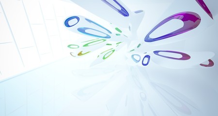 Abstract architectural white and glass gradient color smooth interior of a minimalist house with large windows.. 3D illustration and rendering.