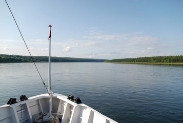 The motor ship goes along the Yenisei River from the city of Krasnoyarsk to the village of Dudinka, Russia