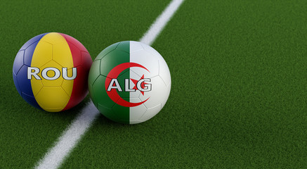Romania vs. Algeria Soccer Match - Soccer balls in Romania and Algeria national colors on a soccer field. Copy space on the right side - 3D Rendering