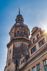 view up to the hausmannsturm in dresden on blue sky in sunlight at summer