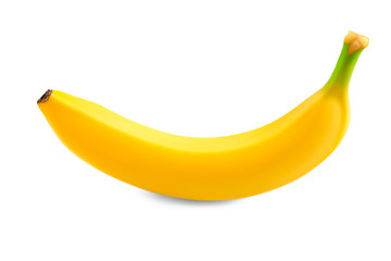 Side view of a whole single unpeeled ripe juicy healthy yellow banana isolated on white background