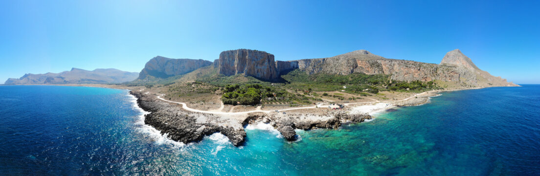 Sicilian panorama with Monte Cofano - Nature Reserve Mount Hood (Riserva Naturale Orientata Monte Cofano) in Sicily - Trapani, Italy